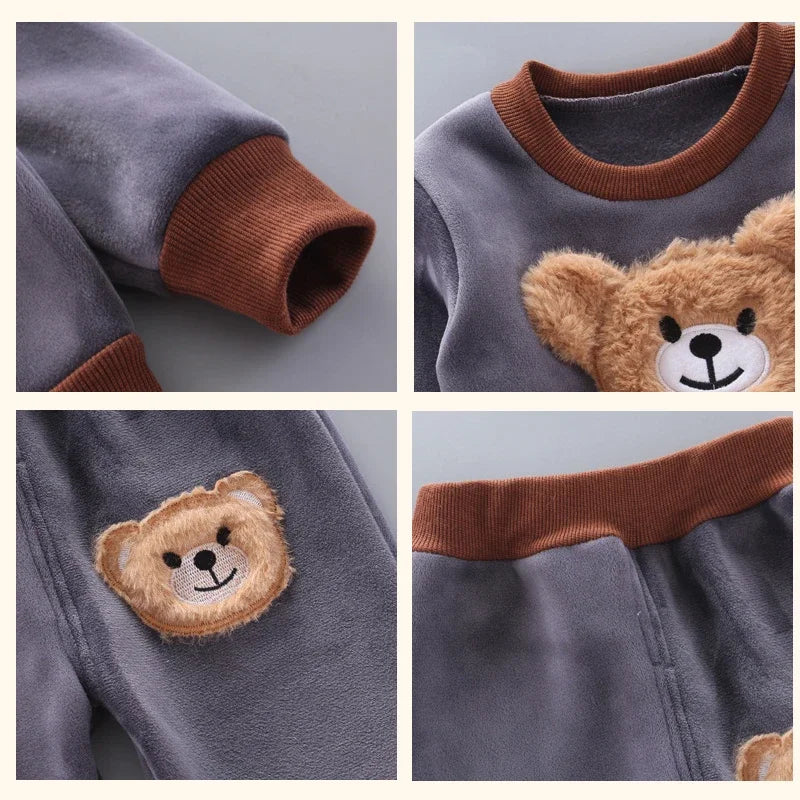 Engrossar Outwear com capuz quente para crianças, conjunto de roupas de 3 peças, terno infantil, roupas infantis, conjuntos de roupas