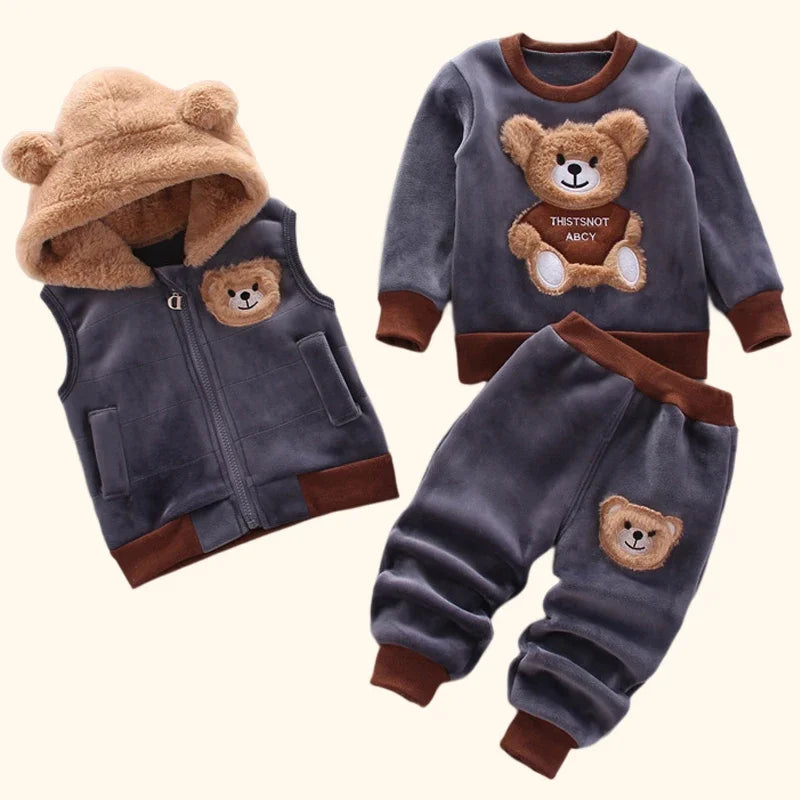 Engrossar Outwear com capuz quente para crianças, conjunto de roupas de 3 peças, terno infantil, roupas infantis, conjuntos de roupas